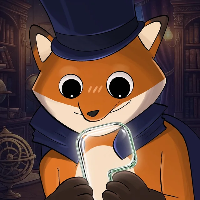 LUPYN, an orange fox in a navy top hat and cape, smiles over the glowing PONS GEM in a candlelit study lined with old books.