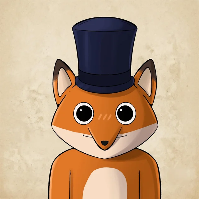 Front-facing portrait of LUPYN, an orange fox wearing a navy top hat, against aged parchment.
