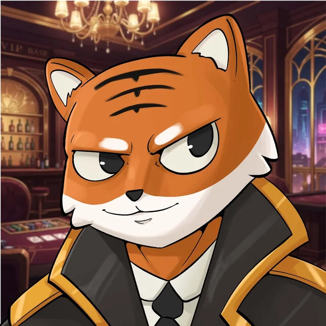 Nikol Tesluh, a sly orange tiger in a black coat with gold trim, white shirt and black tie, inside a VIP casino lounge with a chandelier and a neon city window.